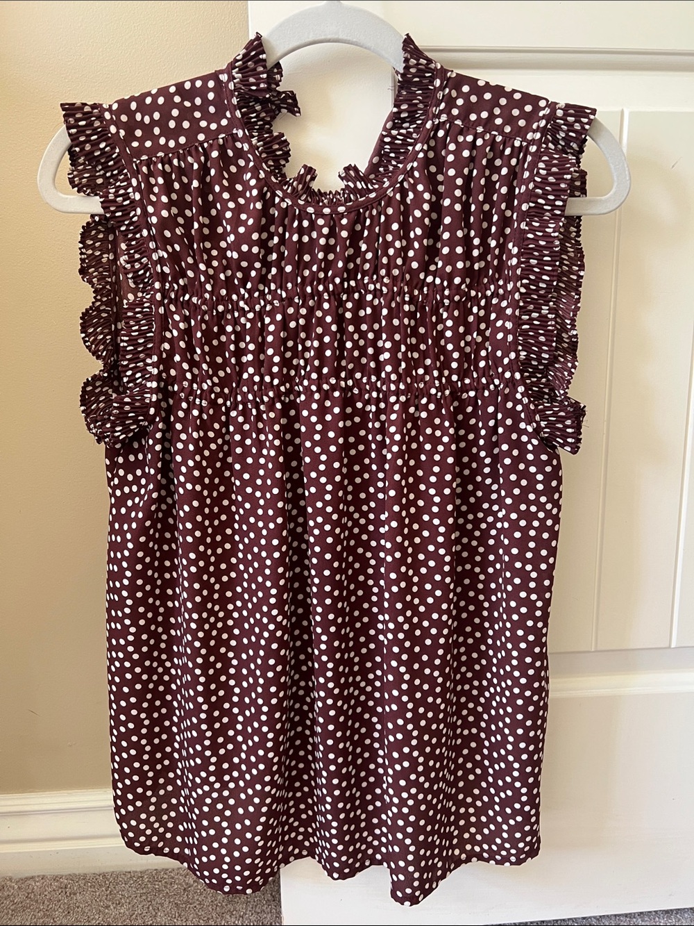 Max Studio BrownPolka Dot Ruffle Mock Neck Sleeveless Top